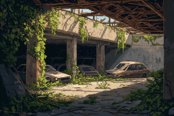 Ruined urban parking garage with overgrown plants and abandoned vehicles