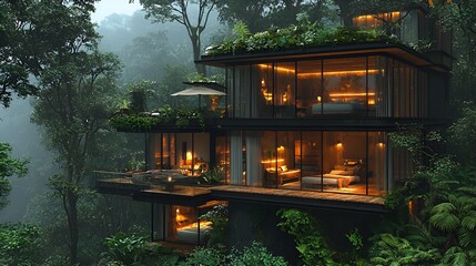 Modern jungle house in misty rainforest