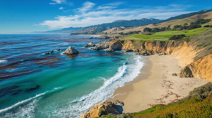 Fototapeta premium Scenic coastal view of a serene beach with clear waters, rocky cliffs, and lush greenery nearby