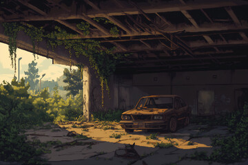 Fototapeta premium Ruined urban parking garage with overgrown plants and abandoned vehicles