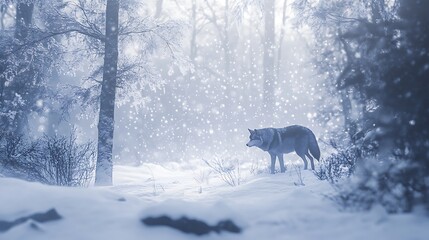 Lone wolf in snowy winter forest, snowflakes falling.
