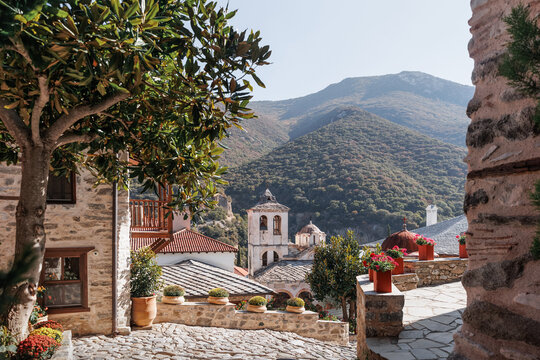 Byzantine monument of Orthodox Monastery of Timios Prodromos in Serres, Macedonia Greece, located on Menikio Mountain, tourist destination