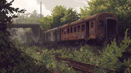 Obraz premium Overgrown train yard with abandoned locomotives