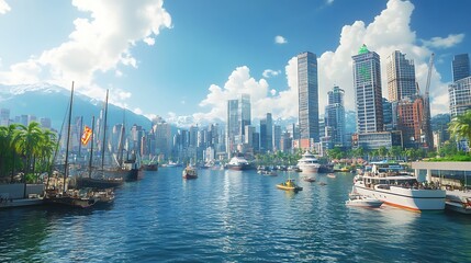 Obraz premium Sunny cityscape harbor with boats, yachts, and skyscrapers under a bright blue sky.