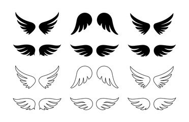 Various Wing Icons in Black and White Styles
