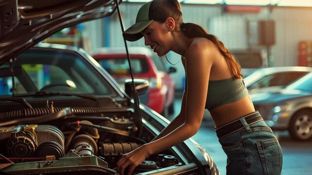 A woman inspects the engine of a car, showcasing her hands-on approach to automotive repair in a mechanical environment. The scene captures the intersection of technology and engineering.