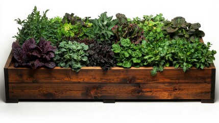 In a gardening-themed illustration, a raised bed containing vegetables and herbs is shown from the side, presented in PNG format with a transparent and isolated photorealistic style, made with