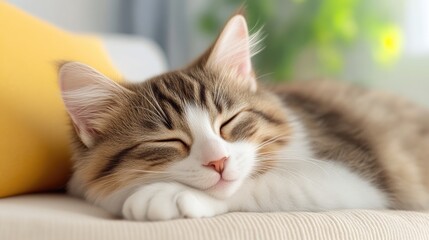 Cozy kitten sleeping soundly on a couch