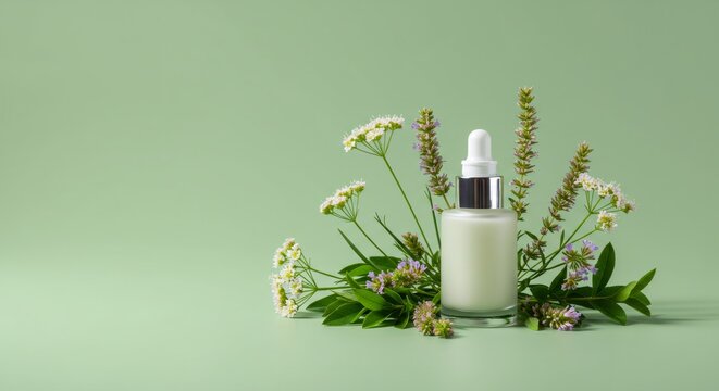 Natural cosmetic serum bottle with dropper surrounded by fresh herbs and white flowers on green background. Organic skincare product with botanical ingredients and copy space