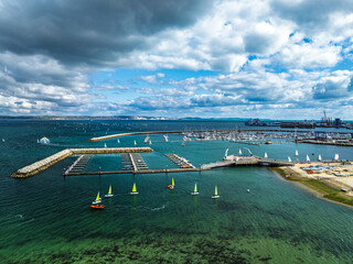 Sailboats on Portland Branch RNSA Moorings from a drone, Portland Harbour and Marina, Portland, Dorset, England