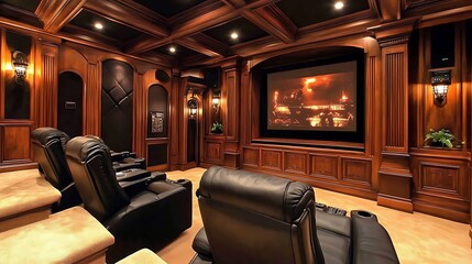 Fototapeta premium Luxurious home theater with dark wood paneling, leather recliners, and large projection screen showing a movie scene.