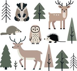 Cute little woodland wild animals and trees