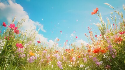 Obraz premium Vibrant wildflowers bloom in a sunny meadow under a bright blue sky. (1)