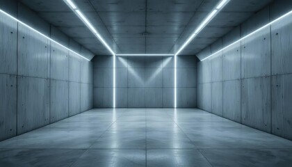 The basement room on the bottom floor of the building's parking lot is empty in an industrial cast concrete style. Abstract modern minimal background