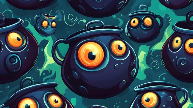 Dark Halloween Vector Seamless Pattern with Cauldrons and Eyes Cartoon Illustration