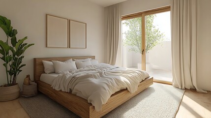 Minimalist bedroom with wooden bed, beige linens, and patio doors leading to a garden.