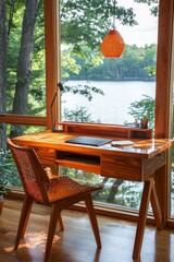 A contemporary desk featuring natural wood and expansive windows with a lake view, situated in an elegantly designed cabin-style interior, captured through photography that highlights natural light
