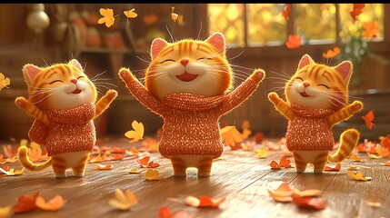 Joyful Cartoon Cats Celebrating Autumn