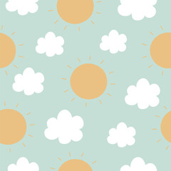 Seamless pattern with  sun and clouds. Summer background. Vector illustration. It can be used for wallpapers, wrapping, cards, patterns for clothes and other.