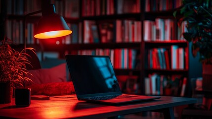 In a school library setting, the presence of an open laptop on a desk represents the blending of online education and conventional learning methods
