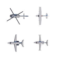 Set of airplanes and a helicopter viewed from above on a runway png alpha channel