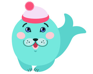 Little cute seal in a cap - vector full color picture. A simple children's drawing of a funny baby seal. Aquatic animal for children	