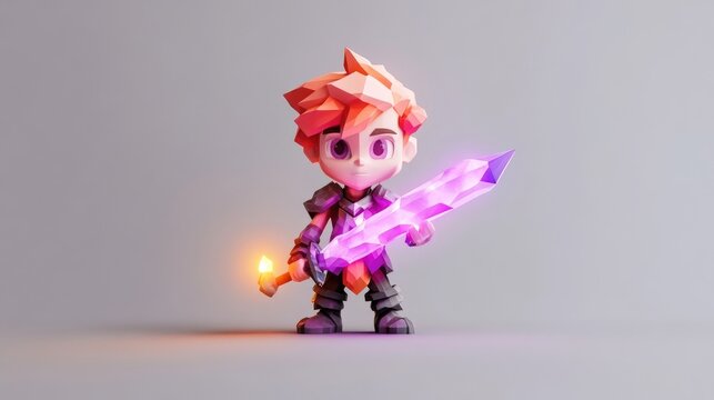 Fototapeta Cute cartoon warrior holding a glowing sword and a torch