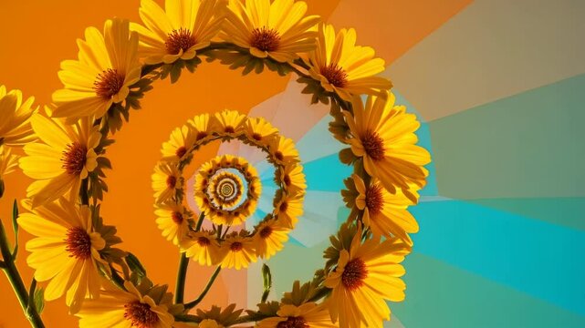 Vibrant spiral of yellow flowers against a colorful background, showcasing nature's beauty and creativity flores amarillas | Yellow flowers