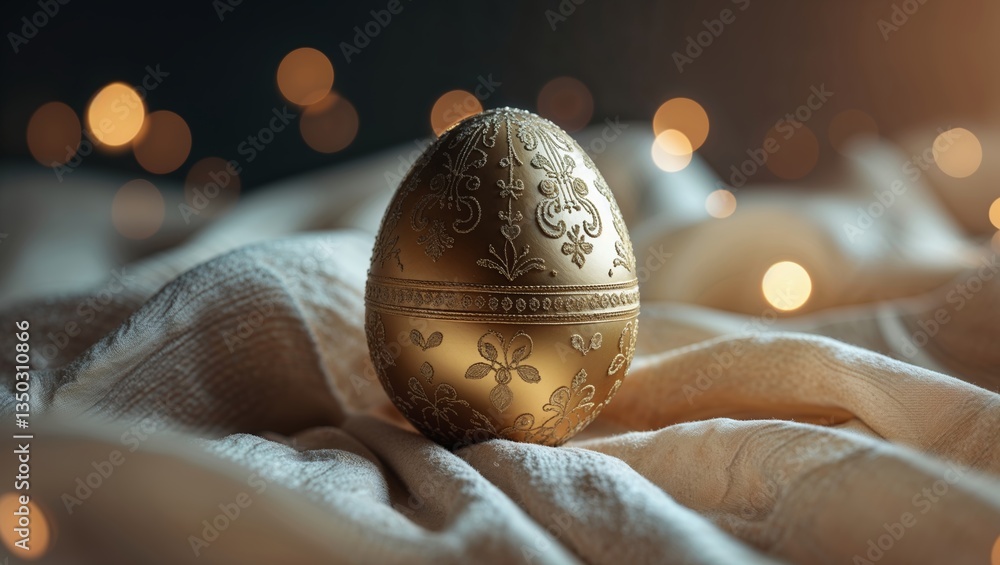Aufkleber decorative golden egg rests elegantly on a soft fabric background with warm lights in a serene indoo
