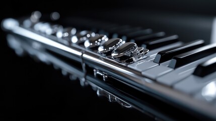 Close-up of a polished silver flute and keyboard