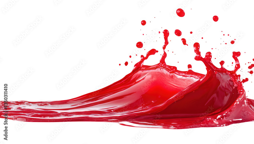 Poster dynamic splash of red liquid resembling waves against a white background emphasizing motion and flui