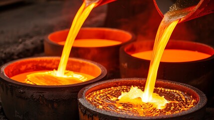 Pouring molten metal into foundry molds, industrial casting process background