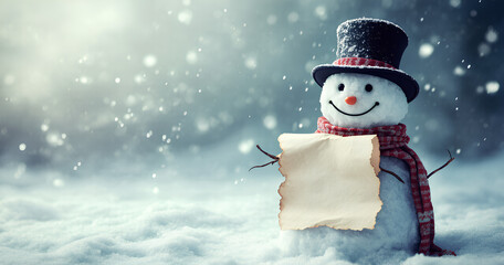 Cheerful Snowman Holding Blank Sign in Snowy Landscape