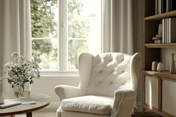 Cozy white armchair by sunny window in modern living room