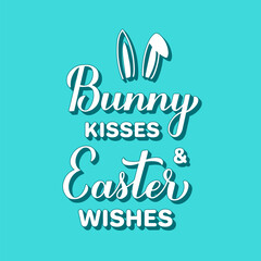Bunny kisses and Easter wishes. 3d lettering on mint green background. Funny Easter quote typography poster. Vector template for greeting card, banner, etc.
