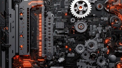 Fototapeta premium Futuristic Circuit Board with Gears and Red Lighting