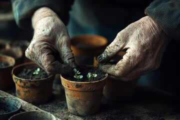 Elderly hands planting seedlings in small pots.