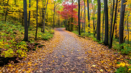 Fototapeta premium Autumnal pathway through a vibrant deciduous forest with colorful foliage