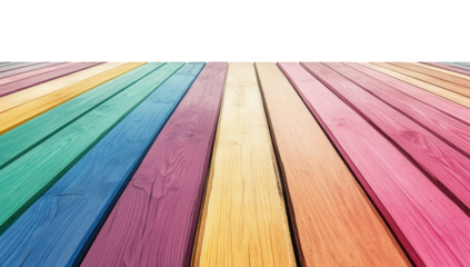 a colorful arrangement of wooden planks laid out in a diagonal pattern showcasing a vibrant mix of colors including blue green yellow orange and pink suggesting a playful or artistic setting