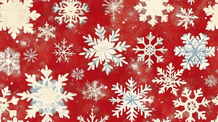 Red background with scattered snowflakes.
