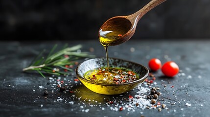 Olive oil pouring into bowl with spices.