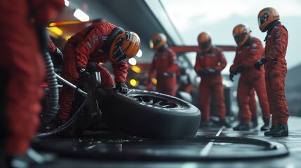 Pit crew changing tire, race garage, rainy day, competition