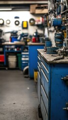 Naklejka premium A well-worn workbench in a workshop, cluttered with tools and equipment, shows signs of extensive use.