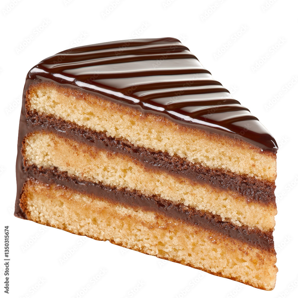 Poster a slice of layered cake featuring a light sponge base and rich chocolate filling topped with a gloss