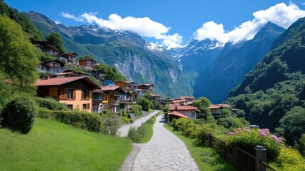 Obraz premium Picturesque Alpine Village nestled in a valley, with snow-capped mountains in the background. A paved road leads through the village, surrounded by lush greenery