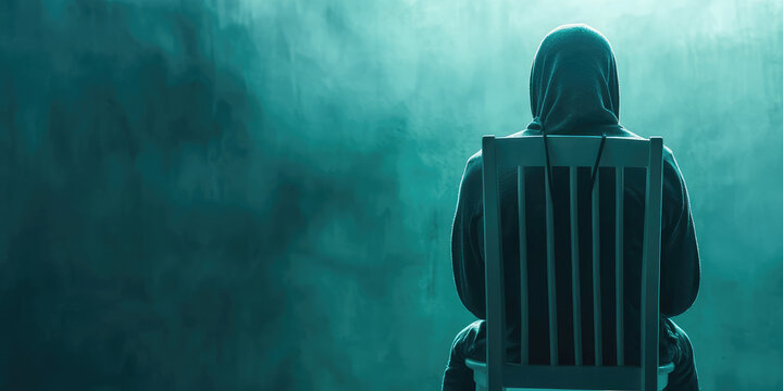 A frightened man tied to a chair. Kidnapping, holding hostage, crime. Drug or alcohol addiction concept.