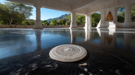Naklejka premium White stone circle on dark floor, temple interior