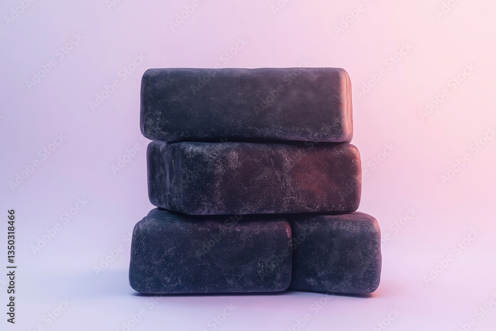 Poster blocks of dark material arranged in a stack on a subtle gradient background