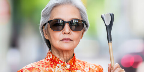 Blind elderly woman wearing dark glasses and carrying a blind wand, walking stick, on a city street. City infrastructure for the blind.
