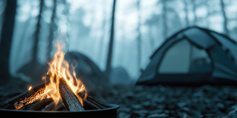 Camping in the woods, campfire burning, overnight picnic spot, camping in nature with tents